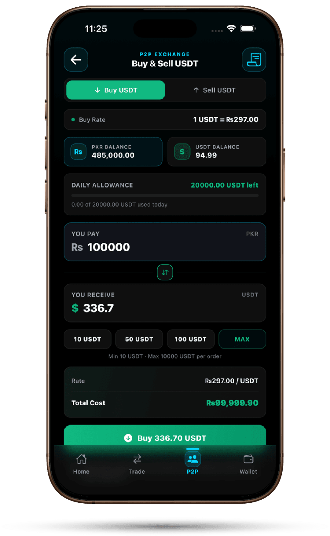 PKR → USDT with a live rate