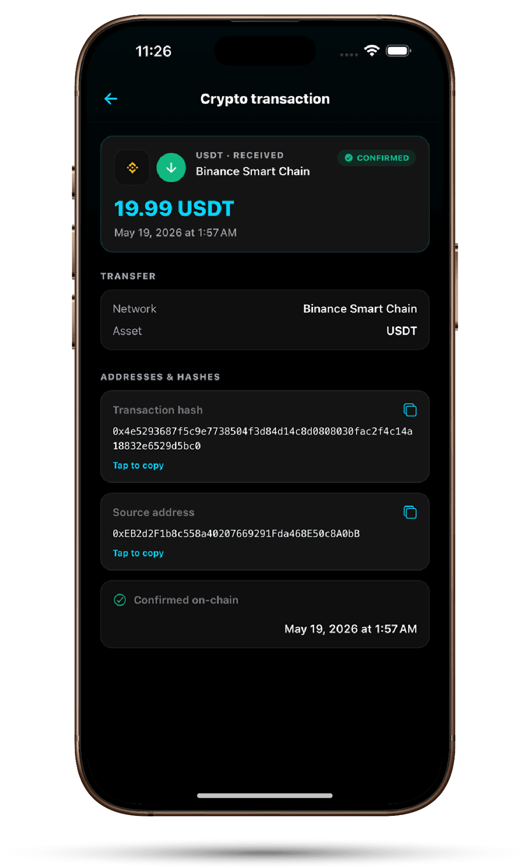 On-chain transaction detail with confirmed hash
